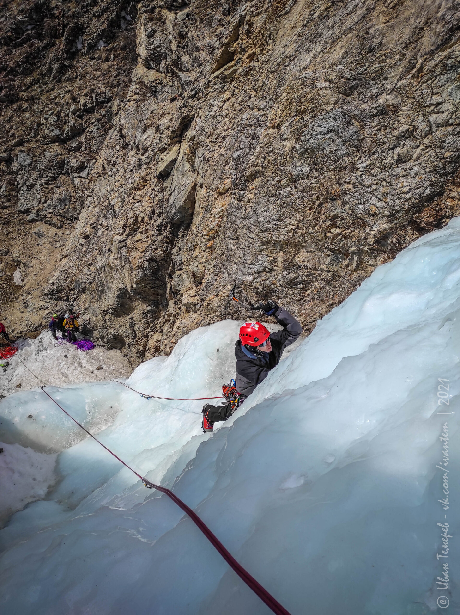 Lead ice climbing