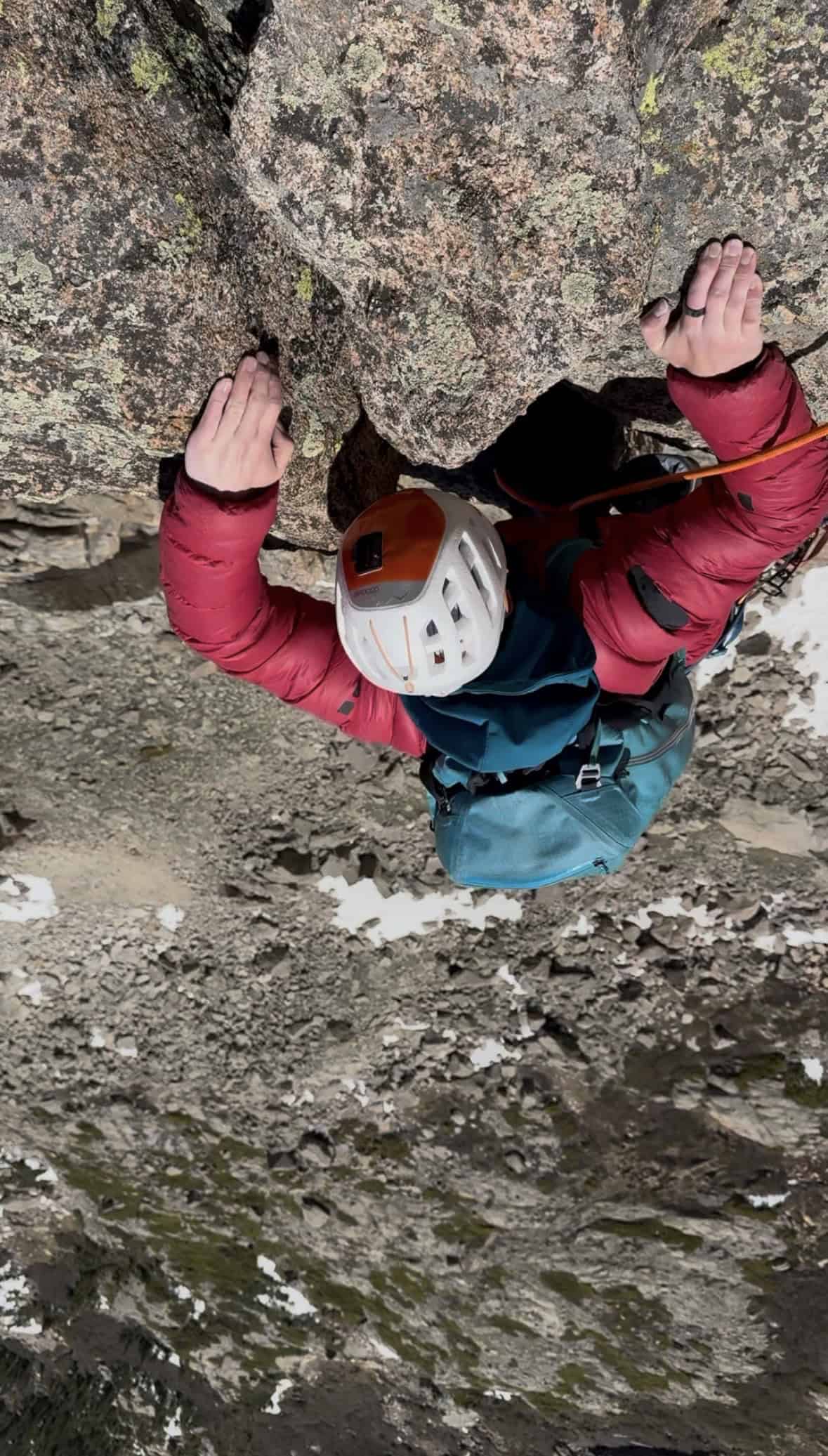 Lead climber on the South Ridge of Mount Pagoda in Rocky Mountain National Park